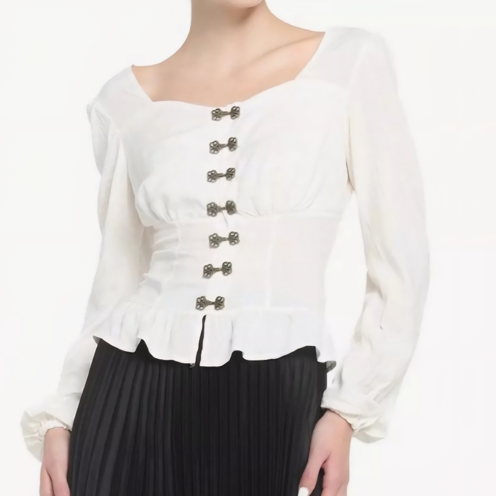 House Of The Dragon Peplum Woven Button Clasp Long Sleeve Peasant Top